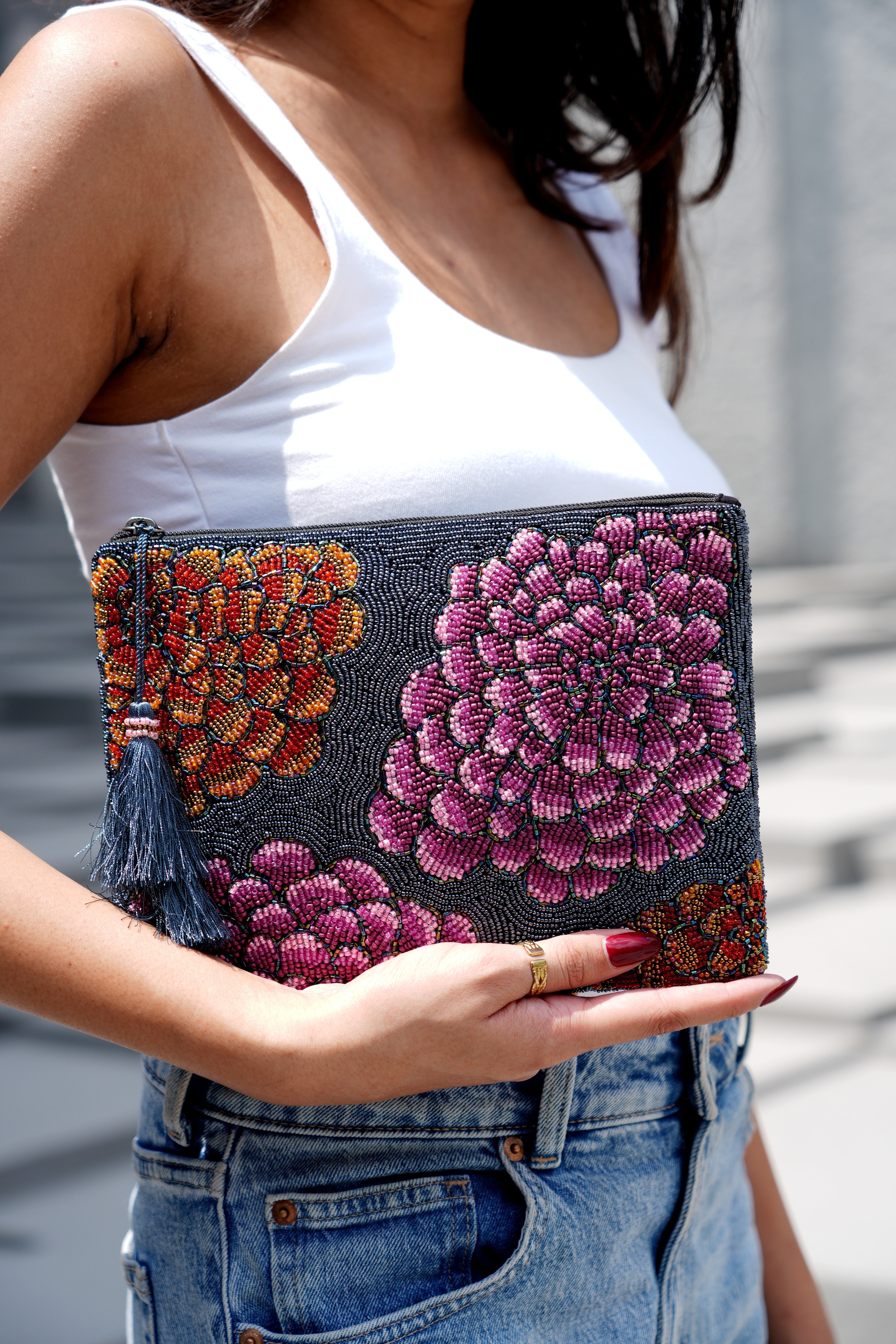 Beaded Floral Sling Clutch