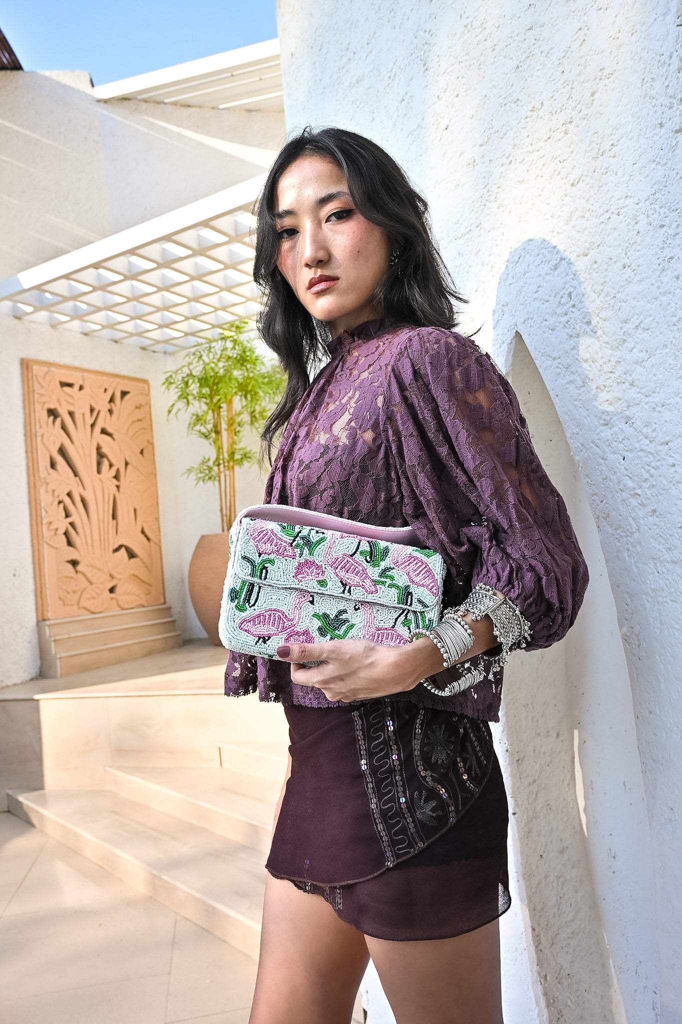 FLAMBOYANCE FLAMINGO BEADED SHOULDER BAG SET