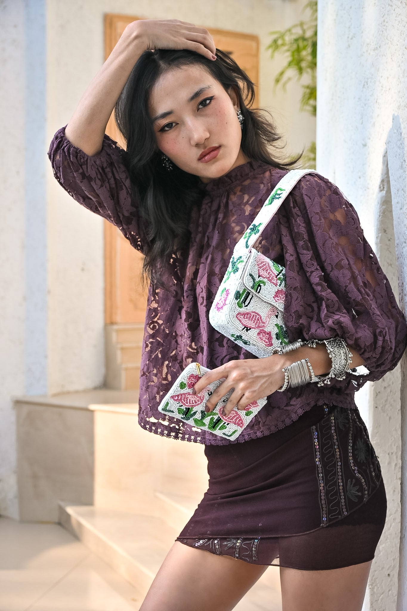 FLAMBOYANCE FLAMINGO BEADED SHOULDER BAG SET