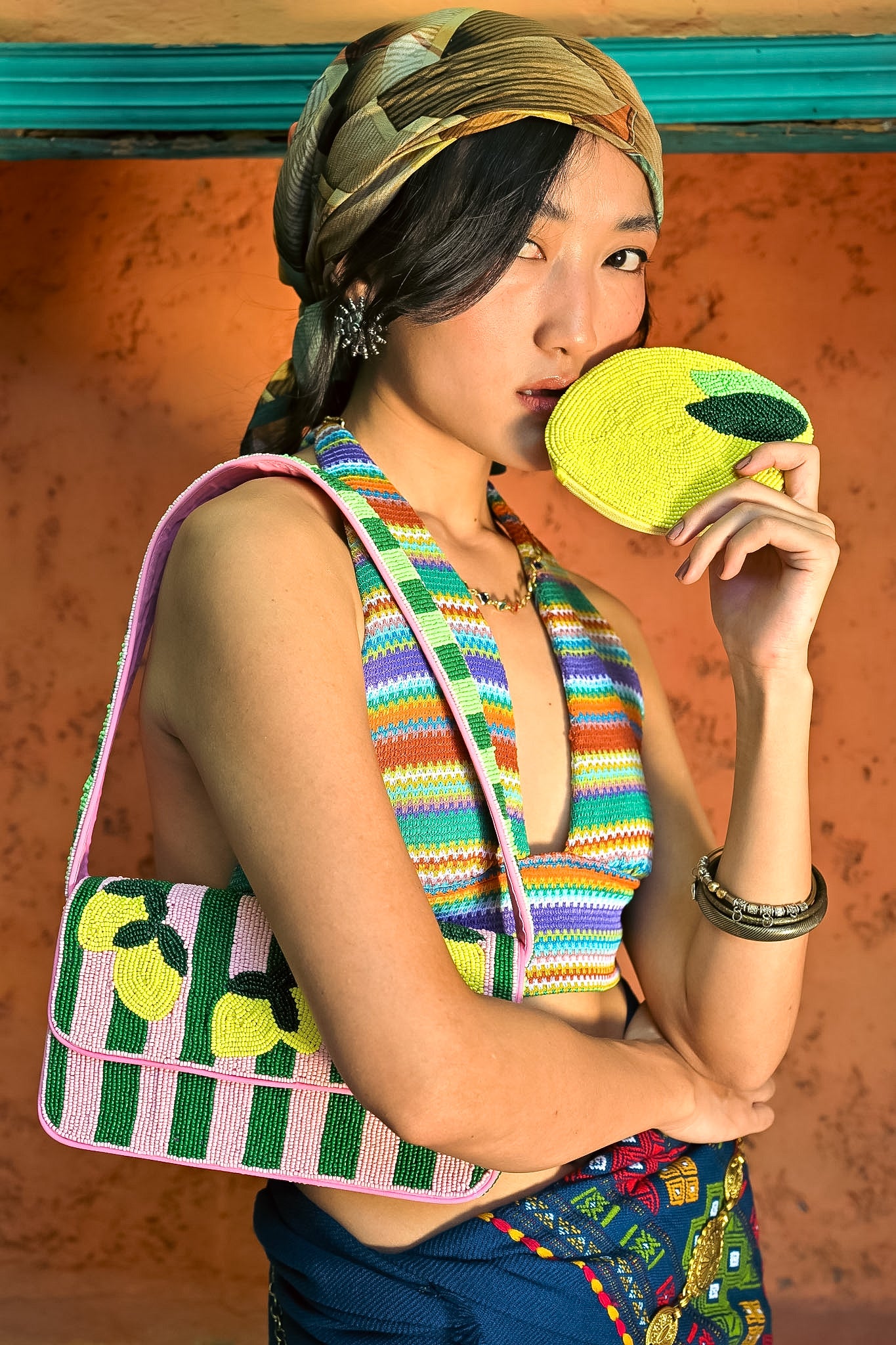 NATKHAT NIMBU LEMON & LEMONY BEADED SHOULDER BAG & COIN POUCH