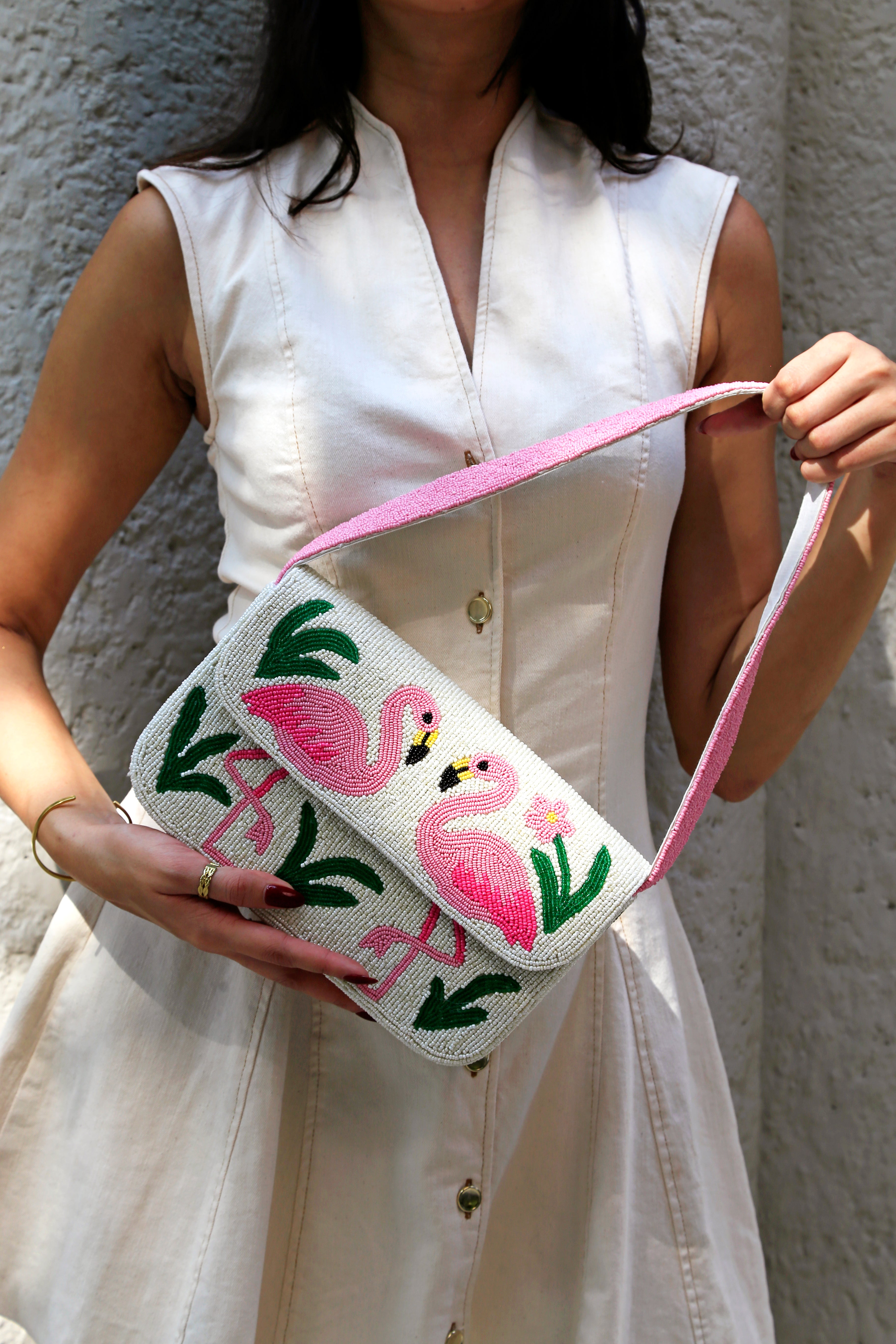 Flamingo Paradise Beaded Shoulder Bag