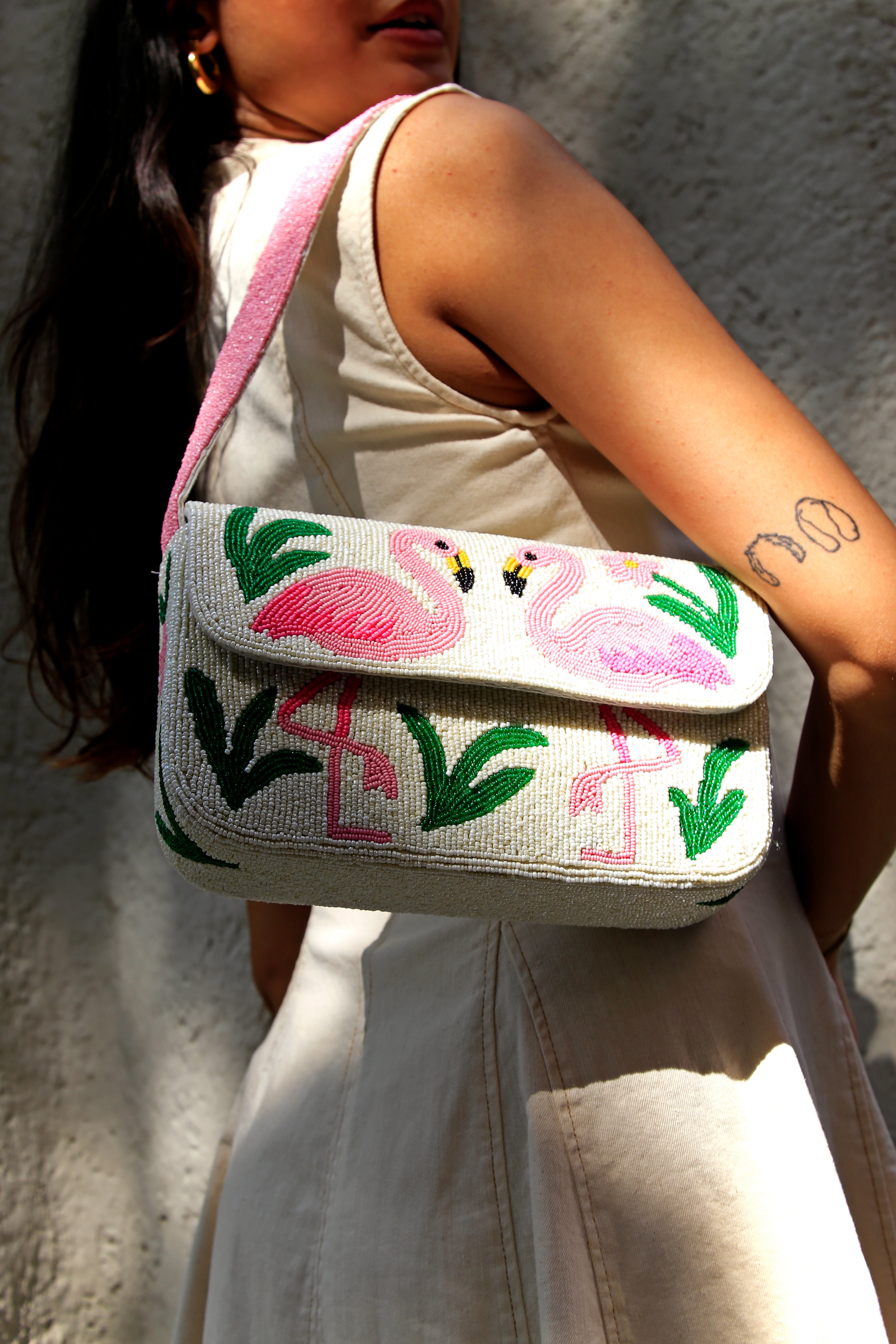 Flamingo Paradise Beaded Shoulder Bag