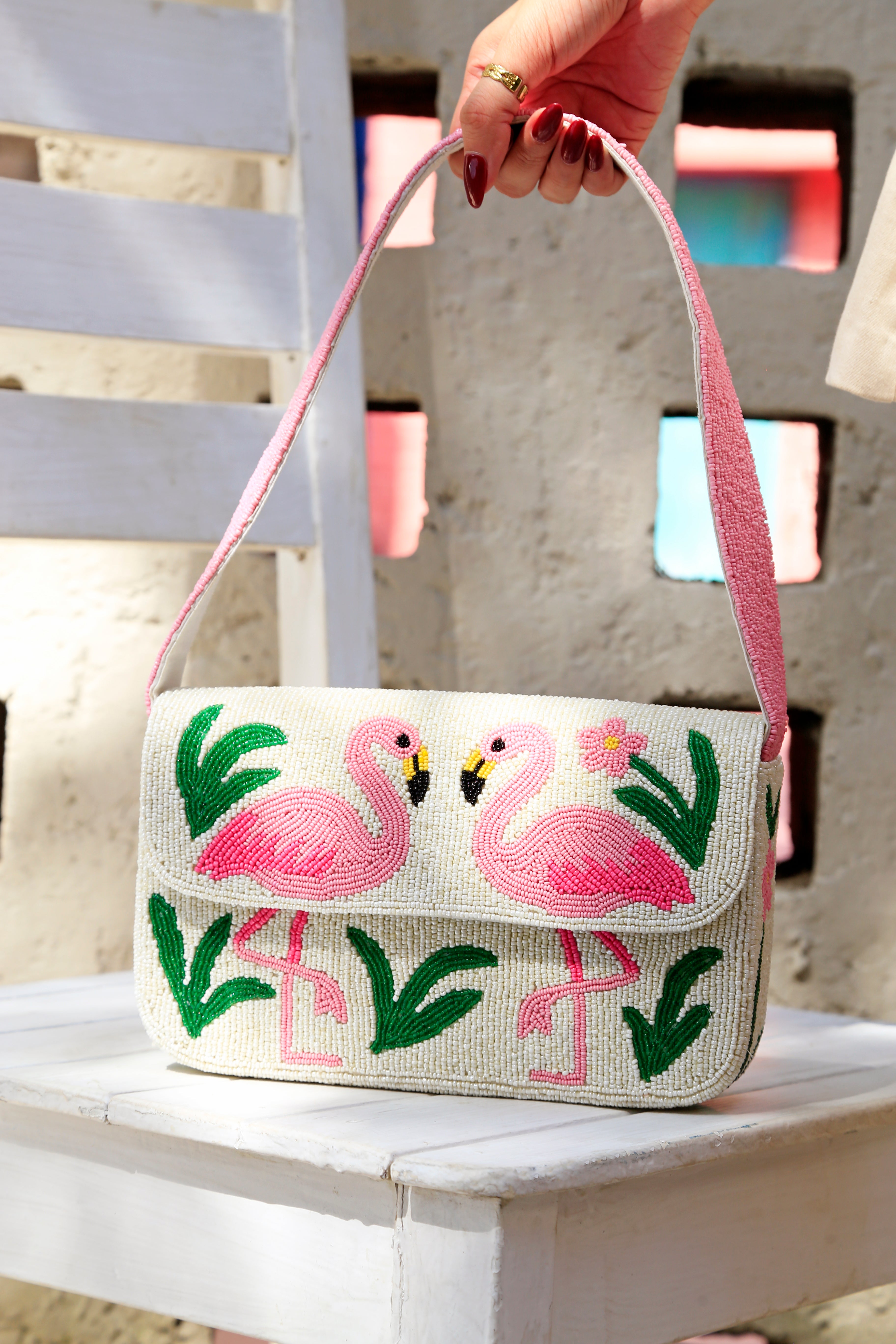 Flamingo Paradise Beaded Shoulder Bag