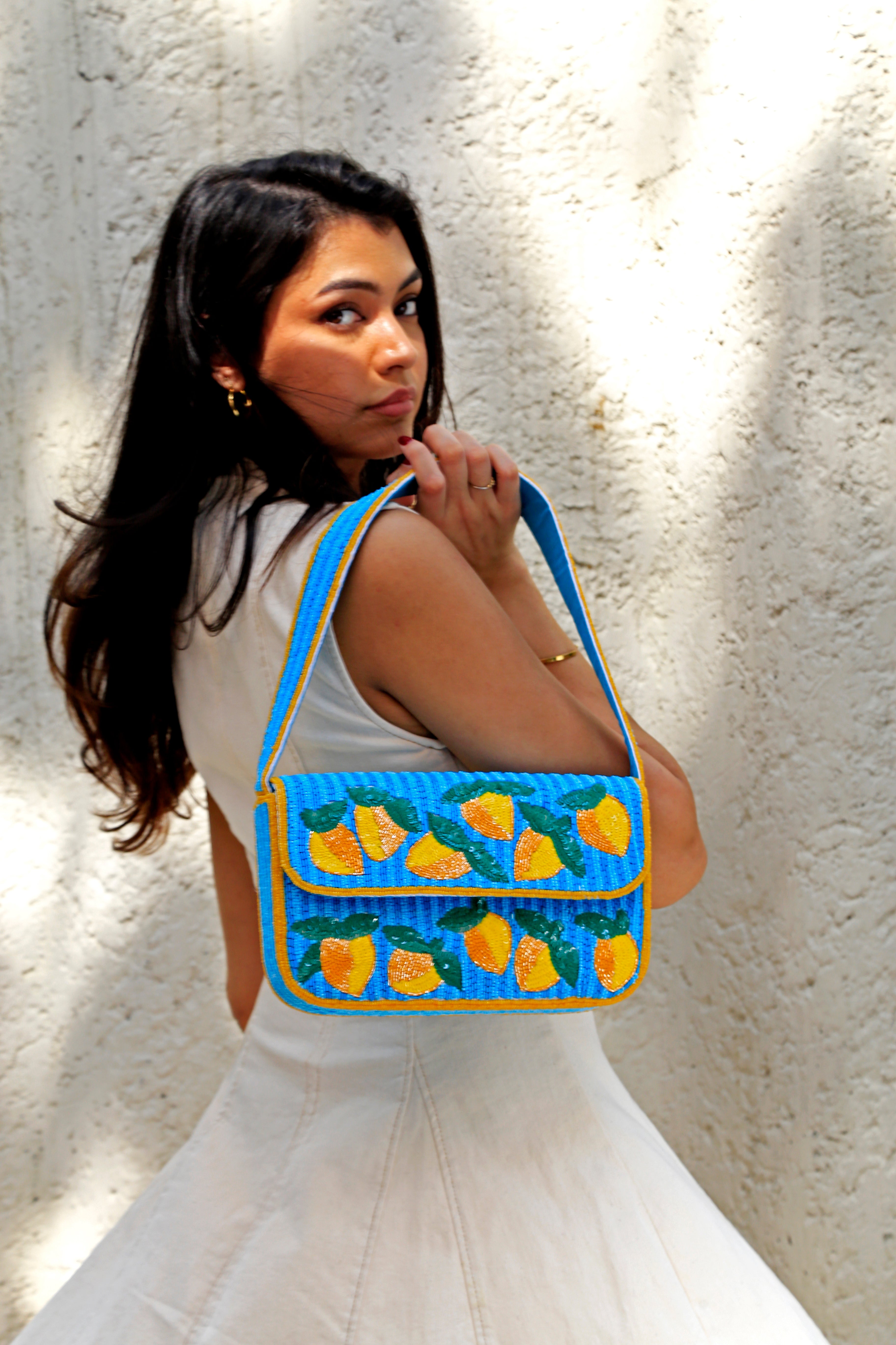 Peaches and Stripes beaded shoulder bag