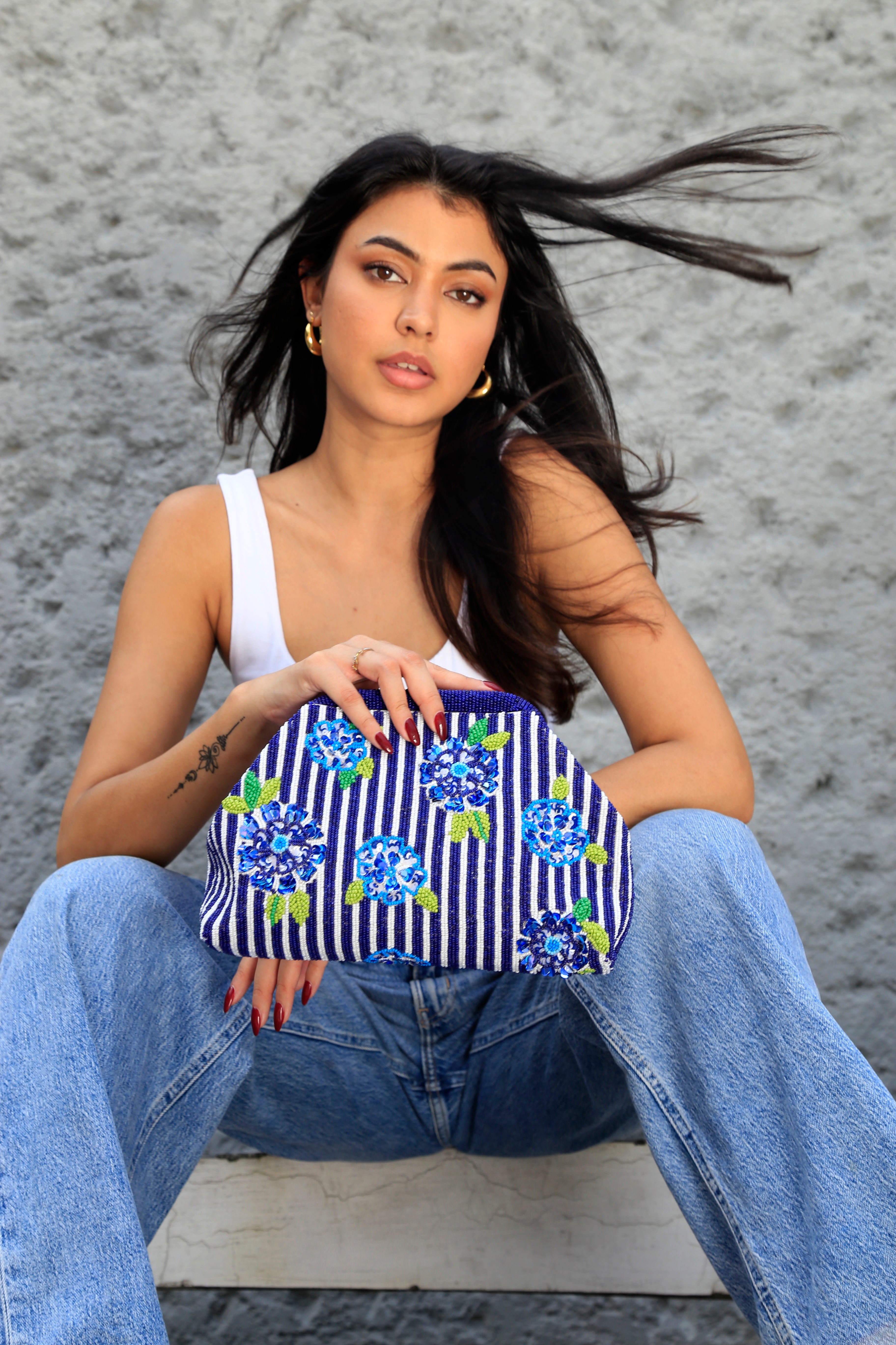 Blue Stripes Beaded Clutch