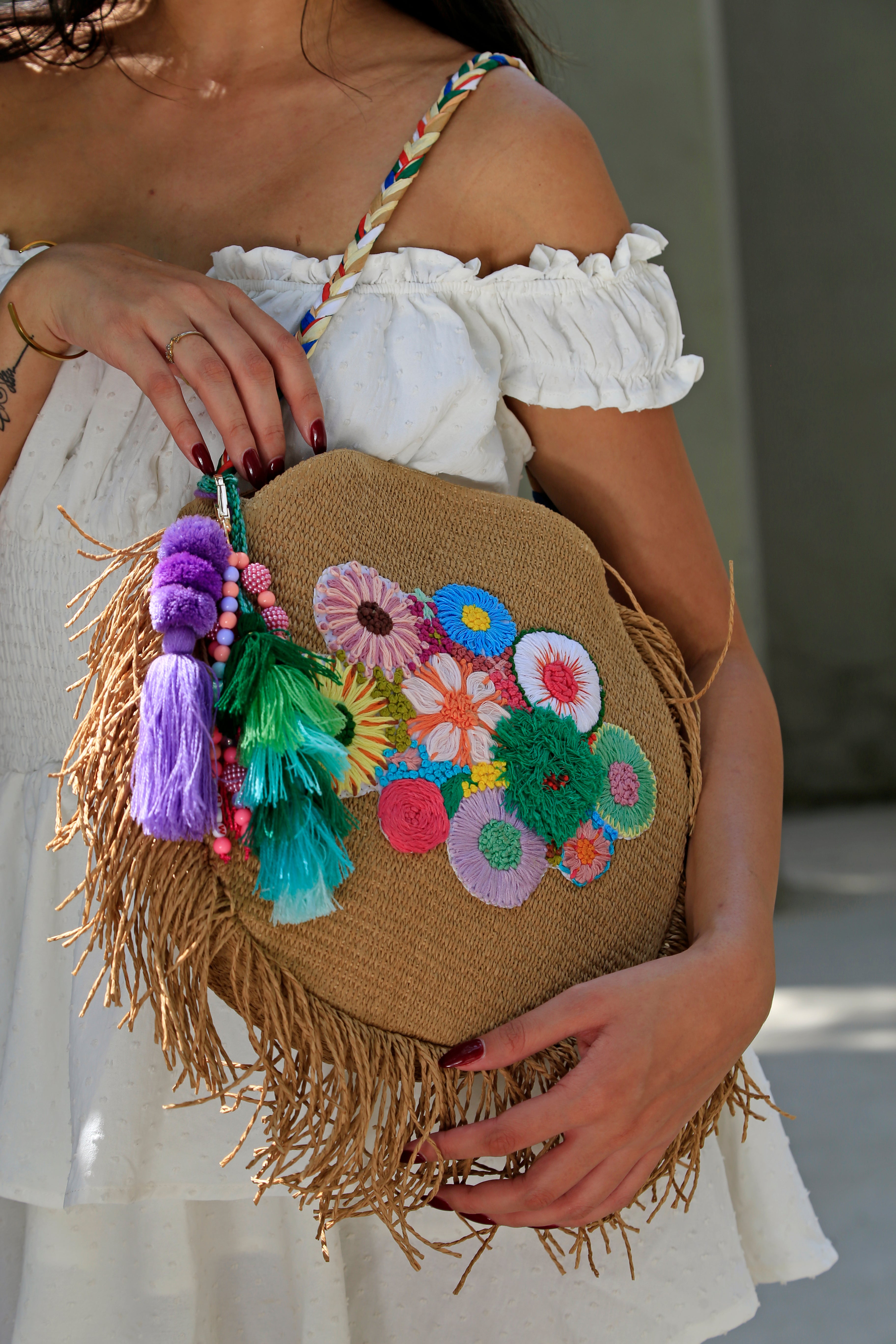 Tropical Bloom Fringe Raffia Bag